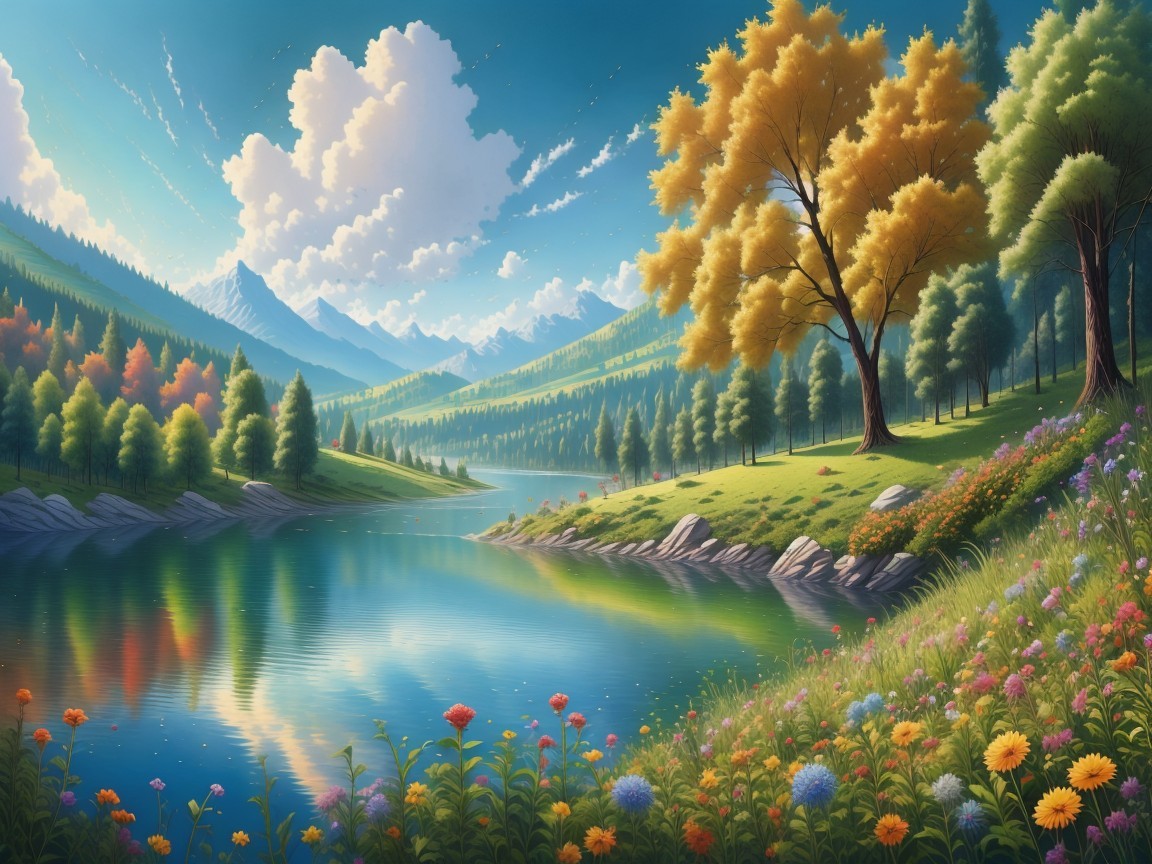 Serene Landscape with Autumn Lake and Mountains