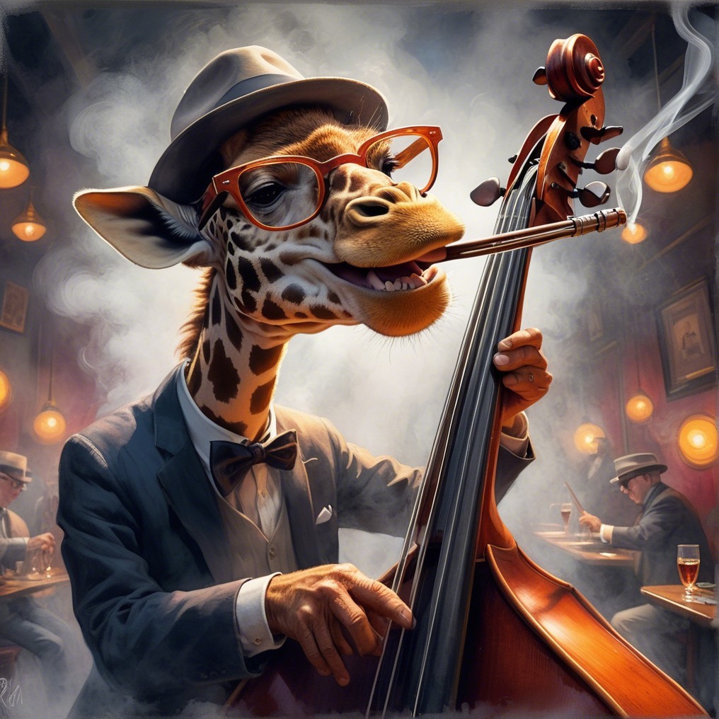 Giraffe in Tuxedo Plays Double Bass in Jazz Club