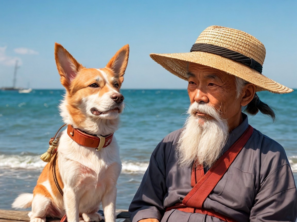 Elderly Man and Corgi at Serene Beach Scene