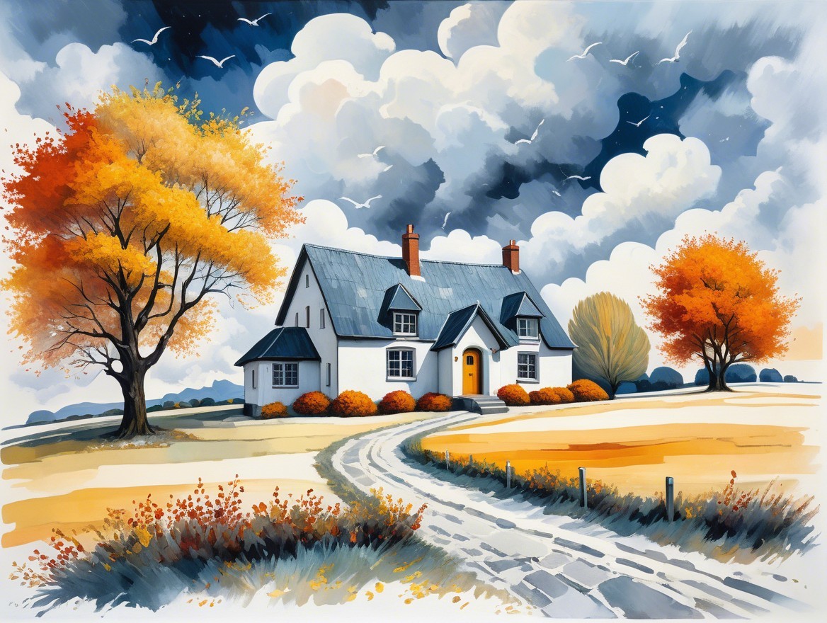 Charming White Cottage Surrounded by Autumn Trees