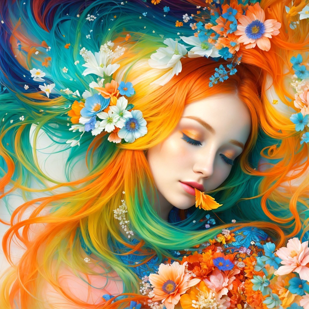 Serene portrait of a woman with vibrant hair and flowers