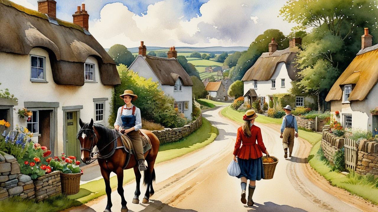 Rural Scene with Women, Horses, and Cottages