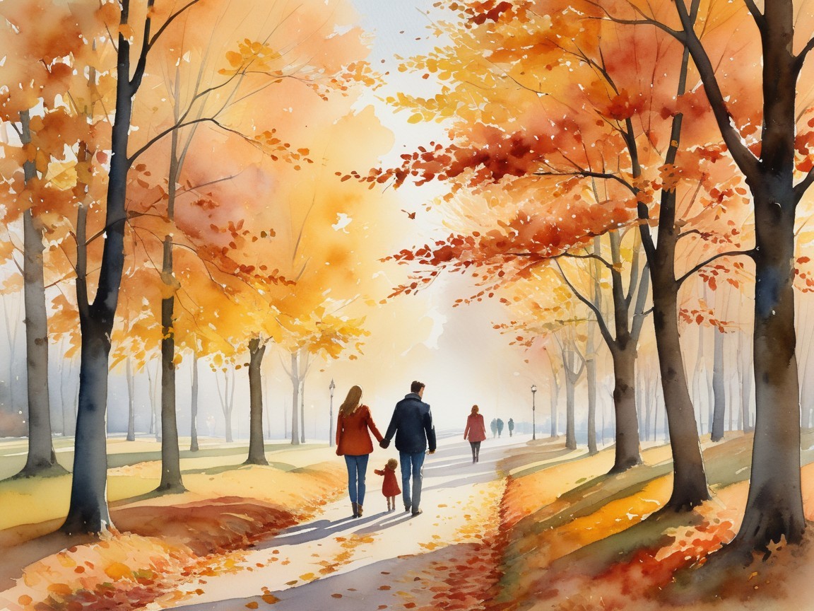 Autumn Scene of Family Walking on Leafy Path