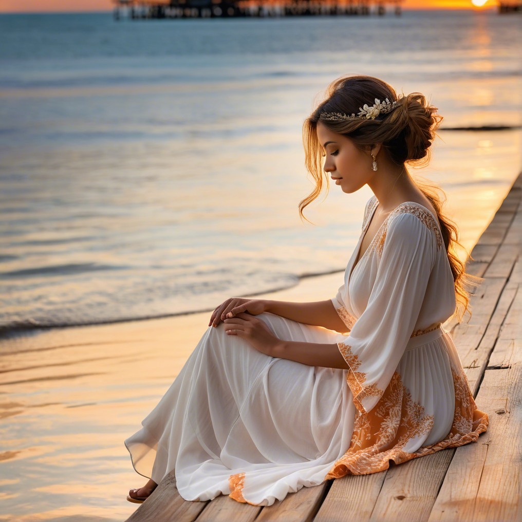 Young woman in white dress on sunset pier
