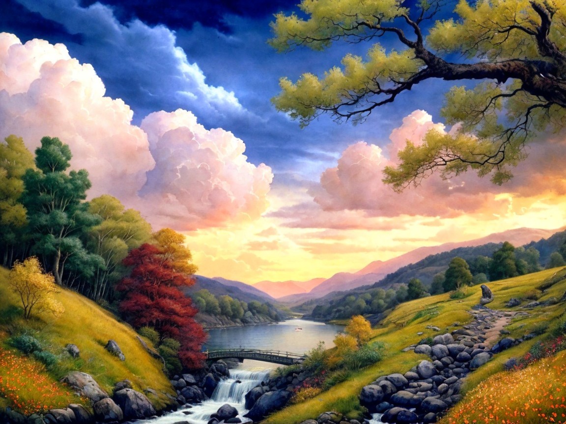 Serene Landscape with Sunset Over Winding River