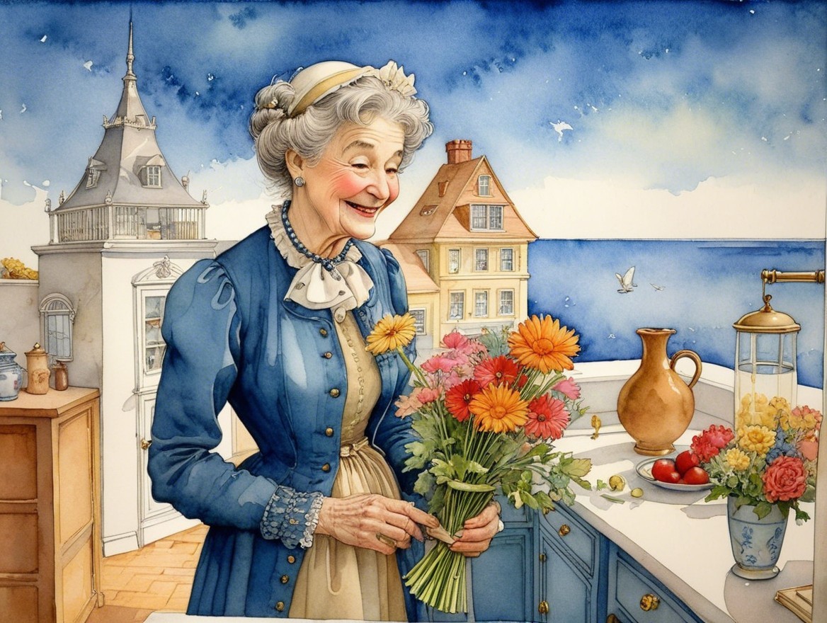 Elderly Woman Arranging Flowers by a Window