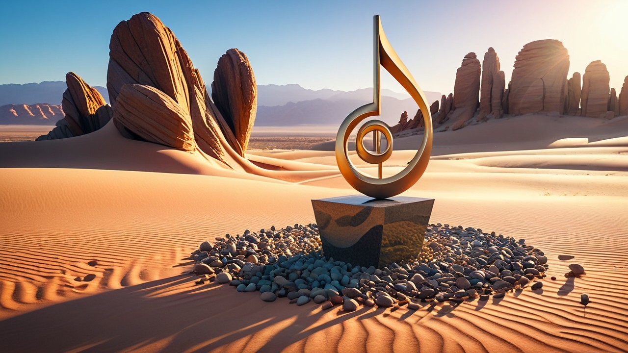Musical Note Sculpture in Desert Landscape with Stones