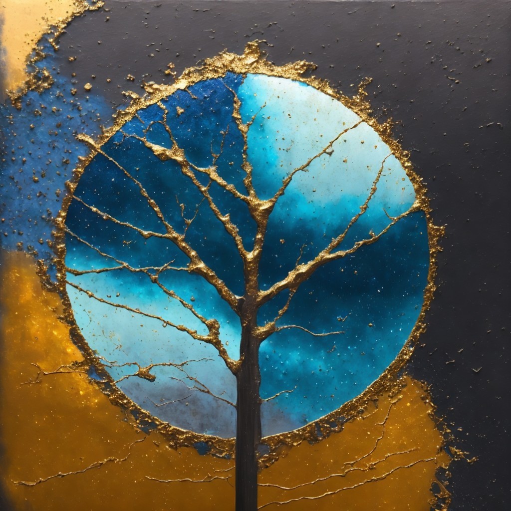 Tree Silhouette in Circular Frame with Blue and Gold