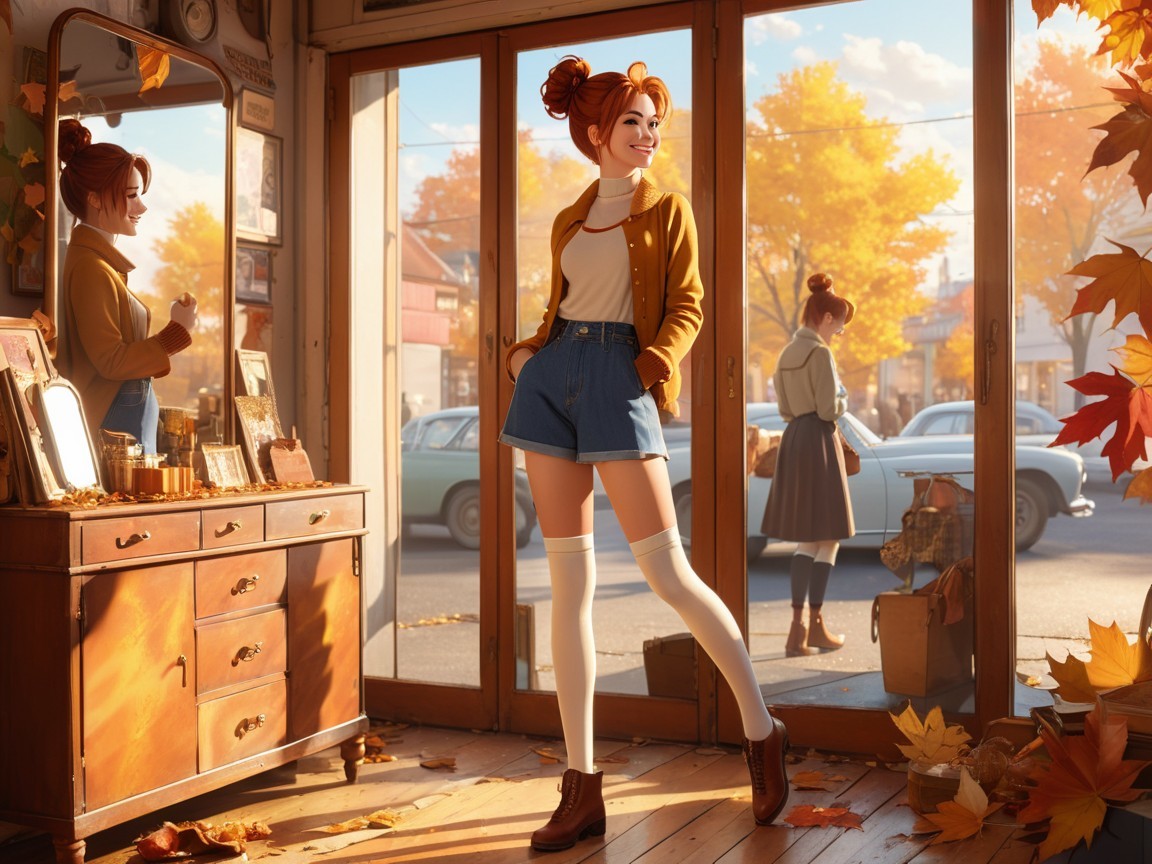 Young Woman in Vintage Shop with Autumn View