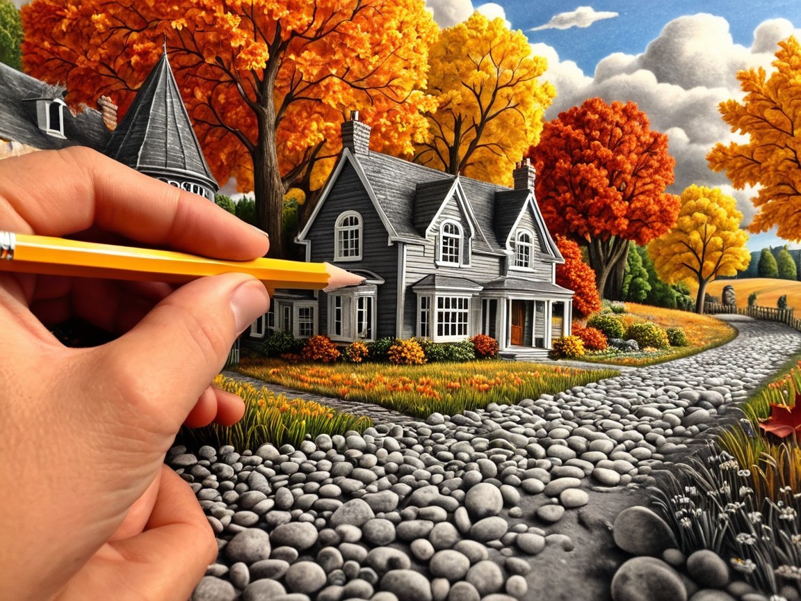 Drawing of a Gray House in Autumn Foliage