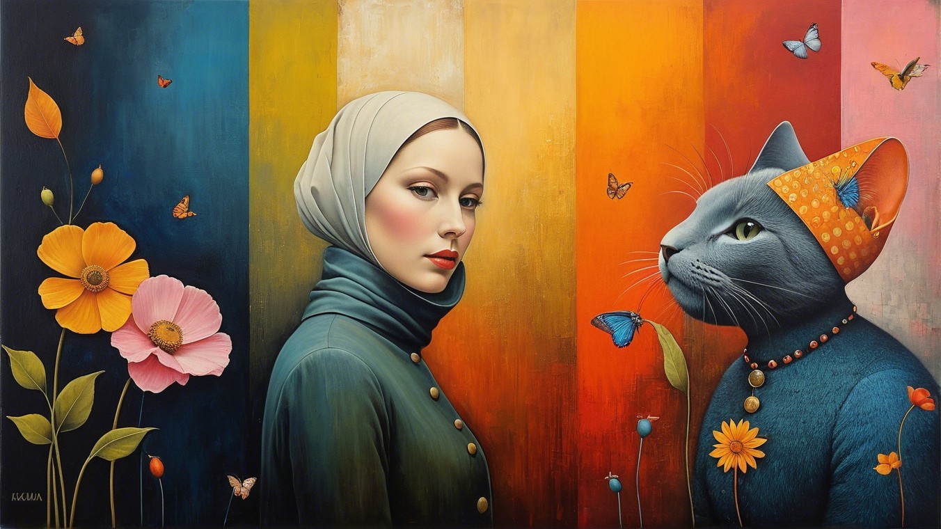 Whimsical Painting of Woman, Cat, and Colorful Surroundings
