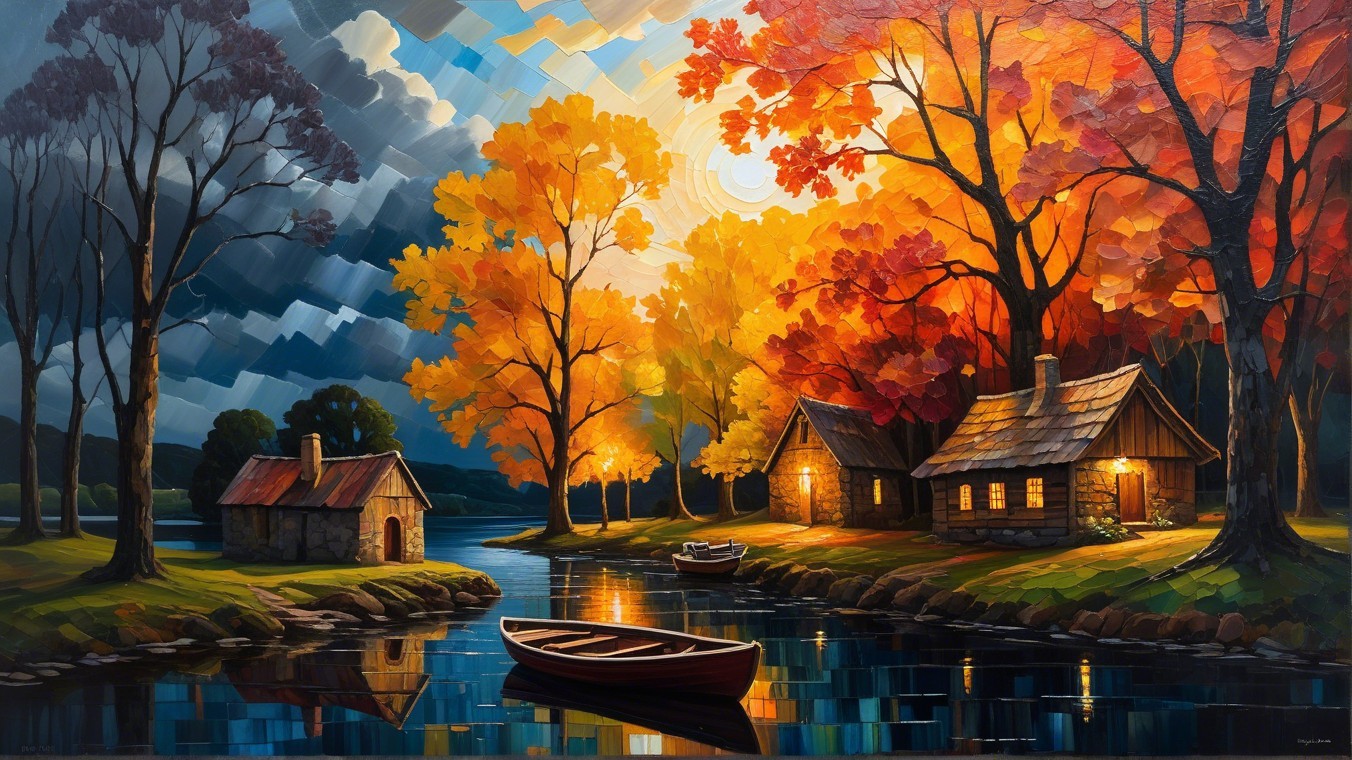 Autumn Landscape with Cabins and Calm Lake Reflections