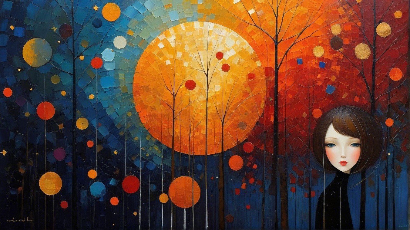 Vibrant Abstract Landscape with Glowing Sun and Trees