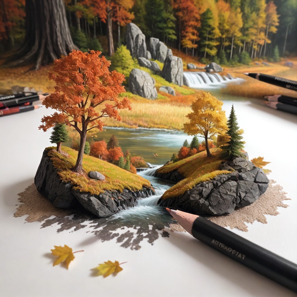3D Artwork of Miniature Autumn Landscape with River