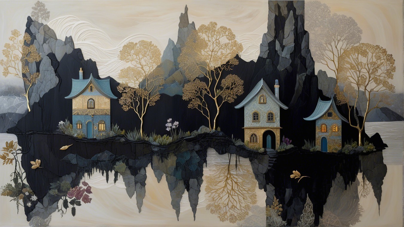 Quaint Houses Amidst Jagged Mountains and Calm Water