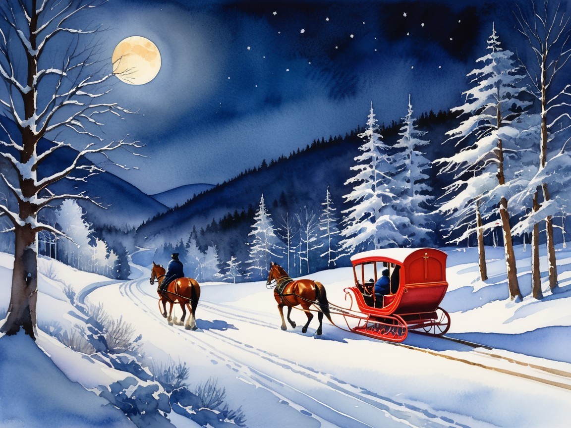 Winter Night Watercolor with Horses and Sleigh