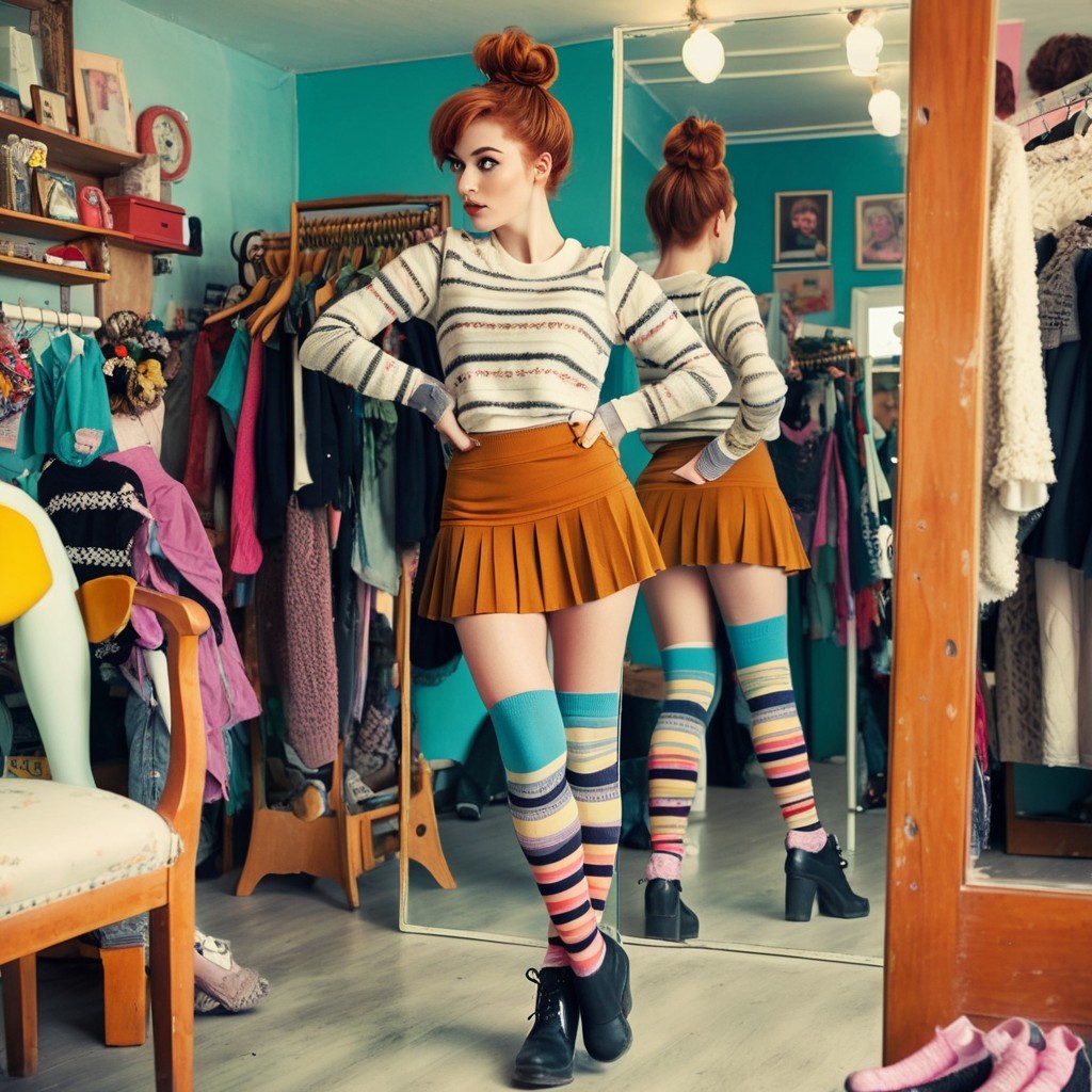 Young Woman in Retro Outfit at Vintage Clothing Store