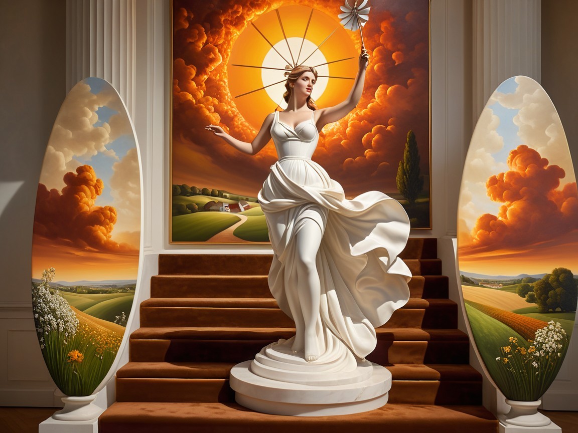 White Statue of Woman with Sun Object and Panels