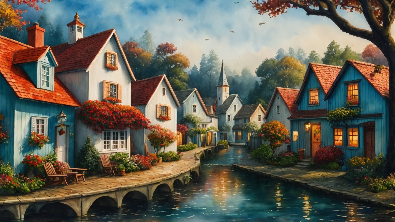 Charming Village Scene with Colorful Homes and Canal