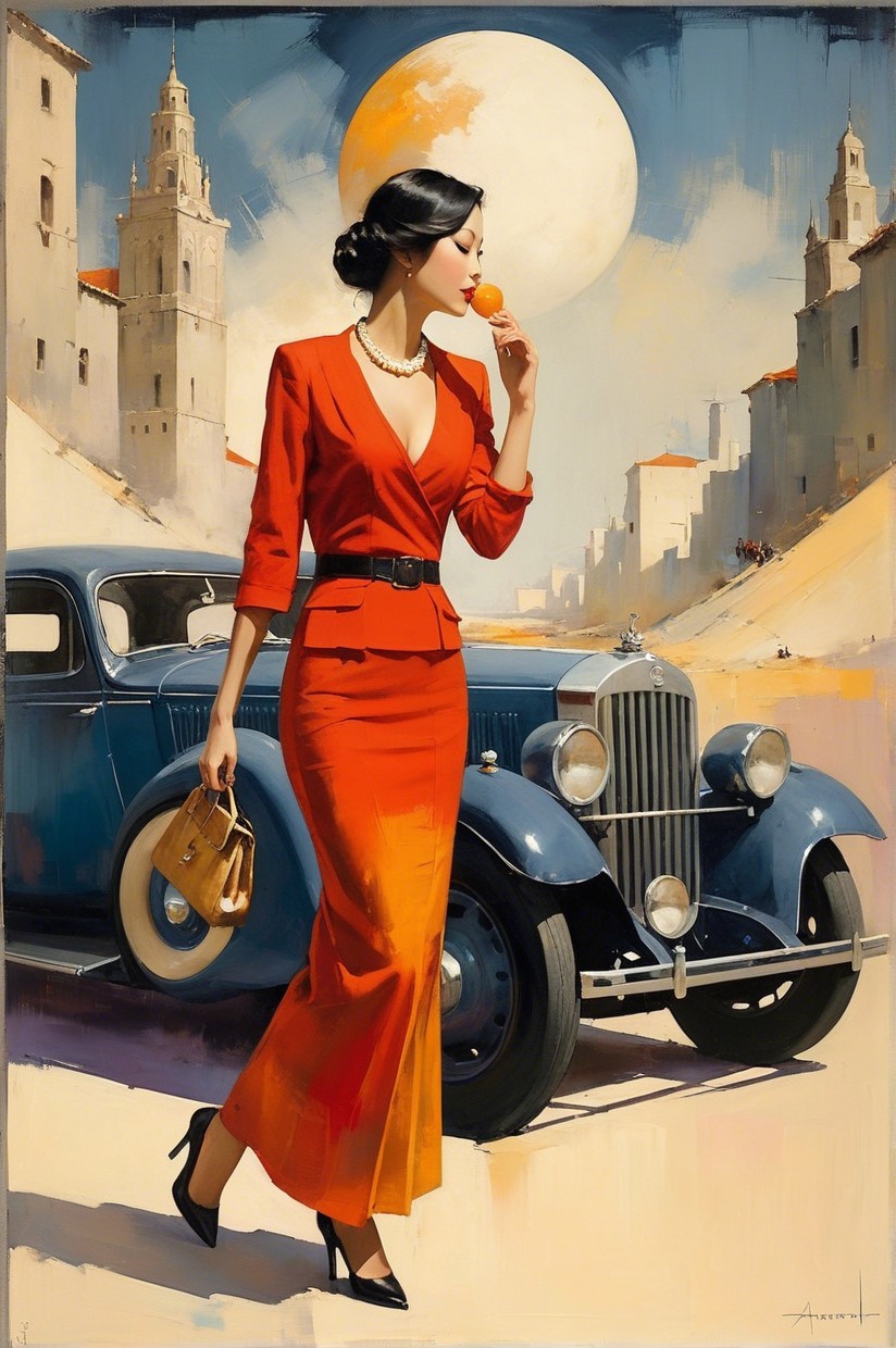 Elegant Woman in Red Suit with Vintage Car and Moon