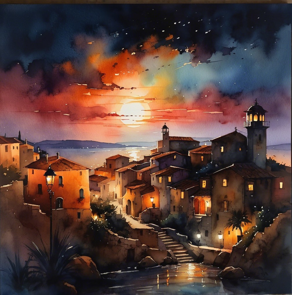 Seaside Village at Sunset with Charming Stone Houses