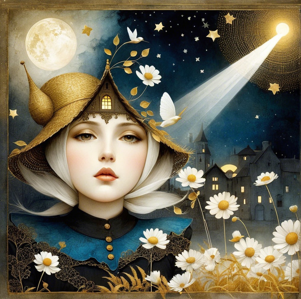 Whimsical figure under starry sky with golden flowers