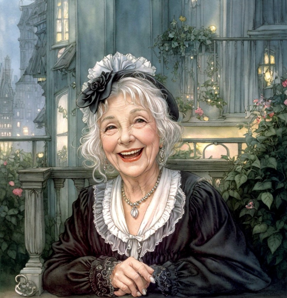Elderly Woman in Vintage Dress with Floral Headpiece