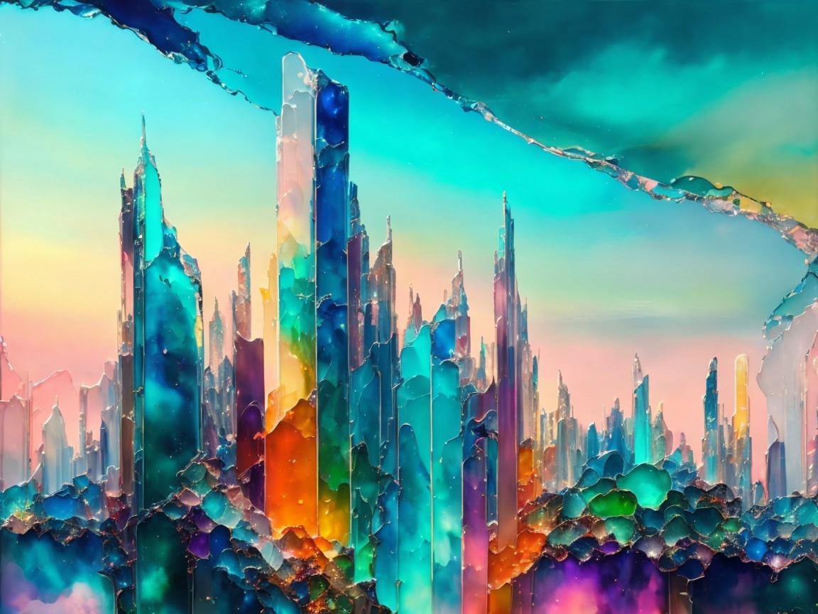 Vibrant Abstract Landscape with Crystalline Structures