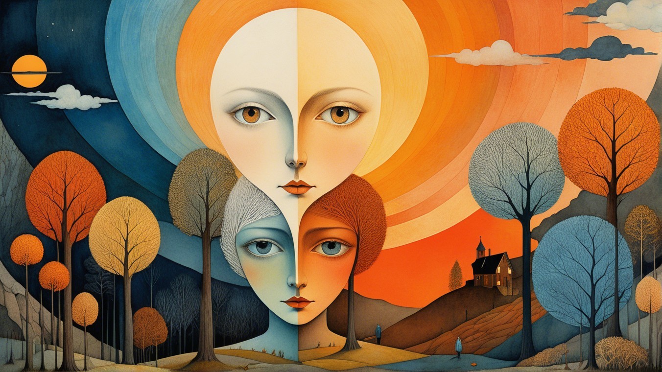 Stylized Faces in Colorful Abstract Landscape Art