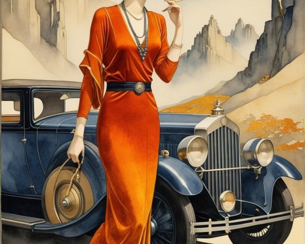 Elegant Woman in Orange Dress by Classic Car