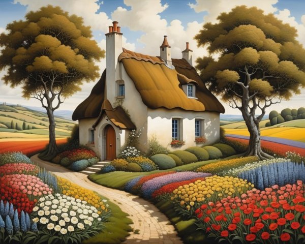 Thatched-Roof Cottage Surrounded by Colorful Flowers