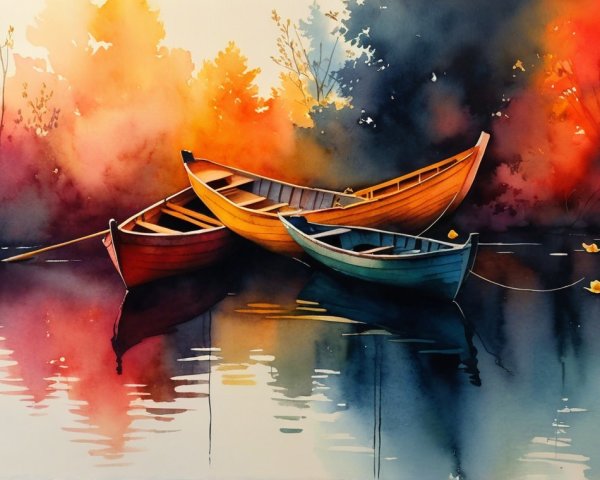Watercolor of Boats Amidst Autumn Foliage and Lily Pads