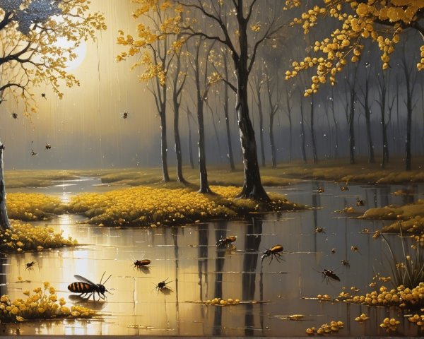 Tranquil River Landscape with Golden Sunset and Foliage