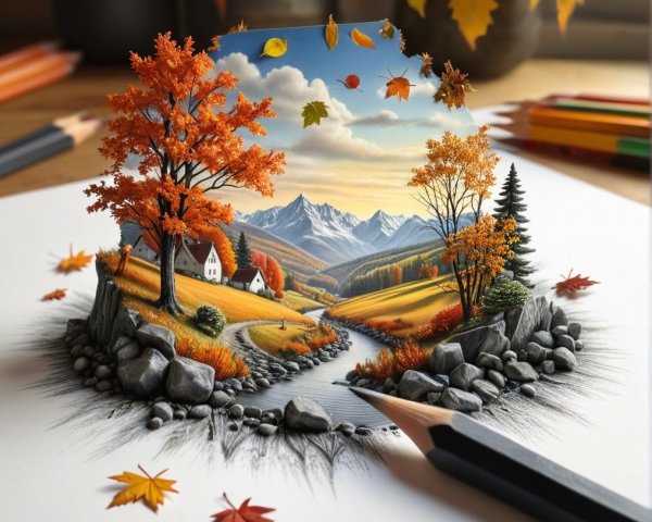 Vibrant Autumn Landscape with Trees and River Scene