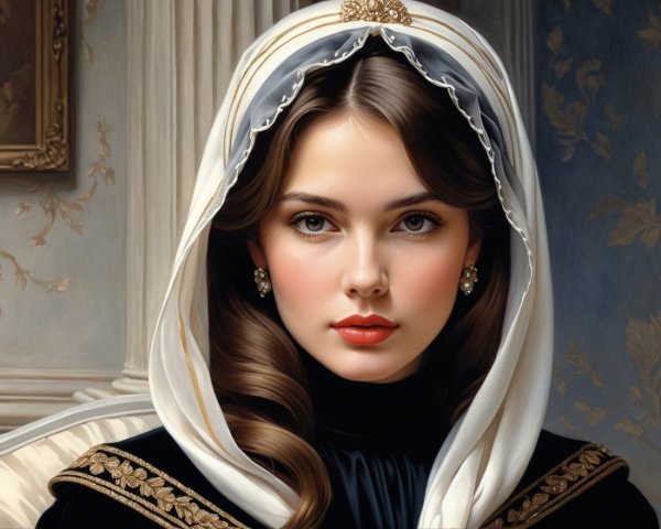 Elegant Young Woman in White Hood with Ornate Backdrop