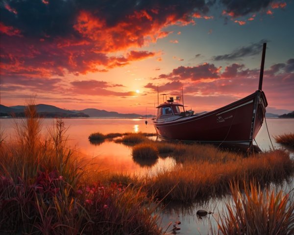 Serene Sunset Over Calm Waters and Rustic Boat