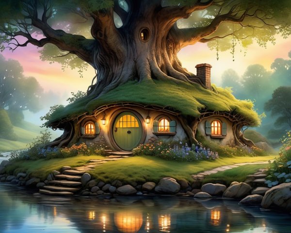 Whimsical house near an ancient tree and stream