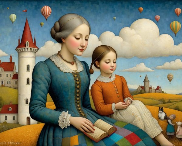 Serene Landscape with Woman and Girl Reading Together