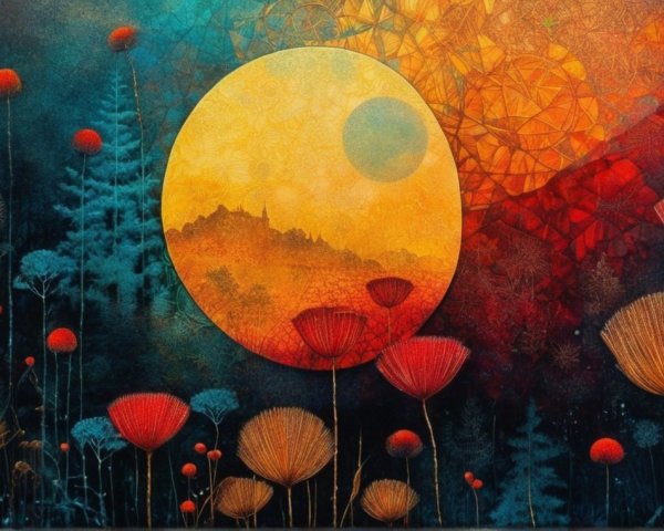 Vibrant Landscape with Golden Sun and Abstract Flowers