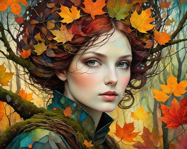 Young Woman with Red Hair in Autumn Forest Scene
