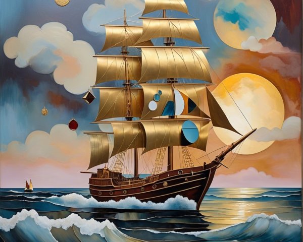 Majestic sailing ship with golden sails on blue waves