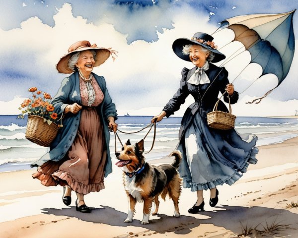 Elderly Women in Vintage Attire Strolling on Beach