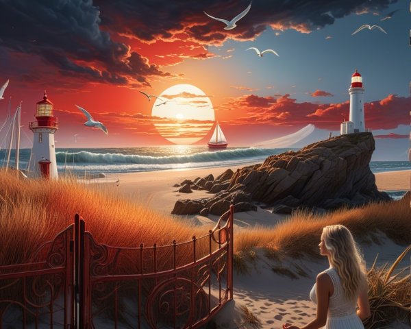 Serene Coastal Sunset with Lighthouses and Sailboat