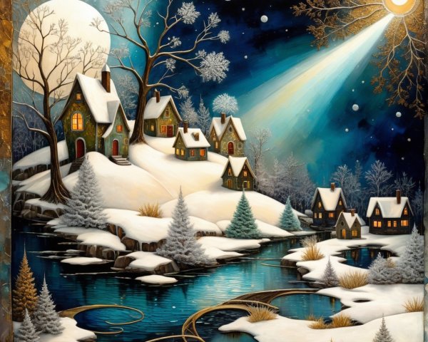 Dreamlike Winter Landscape with Moonlit Village