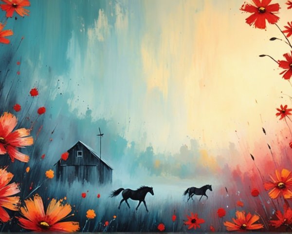Vibrant Landscape with Horses and Colorful Flowers