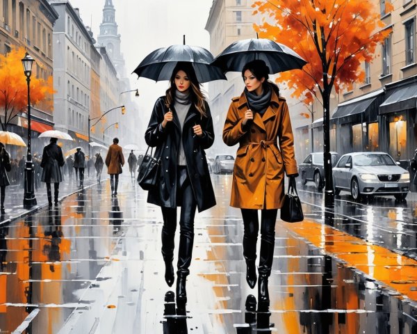 Women with umbrellas in a rainy city street scene
