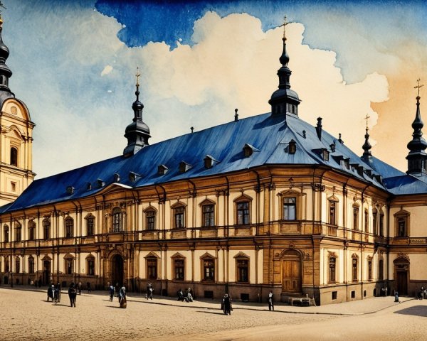 Historic building with blue roof and tall spires