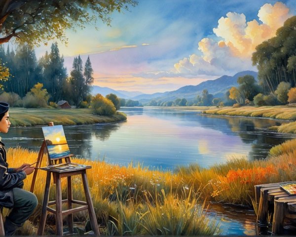 Serene Landscape with Painter by Tranquil River