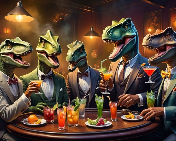 Dinosaurs in Suits Socializing at a Bar Table