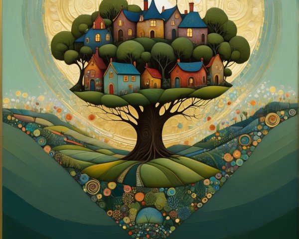 Whimsical Tree with Colorful Village and Golden Background